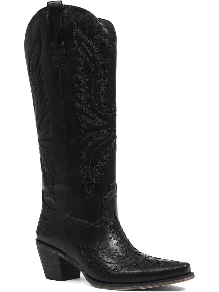 Women's Black Western Cowgirl Boots Knee High Snip Toe Embroidered Boots Pull On